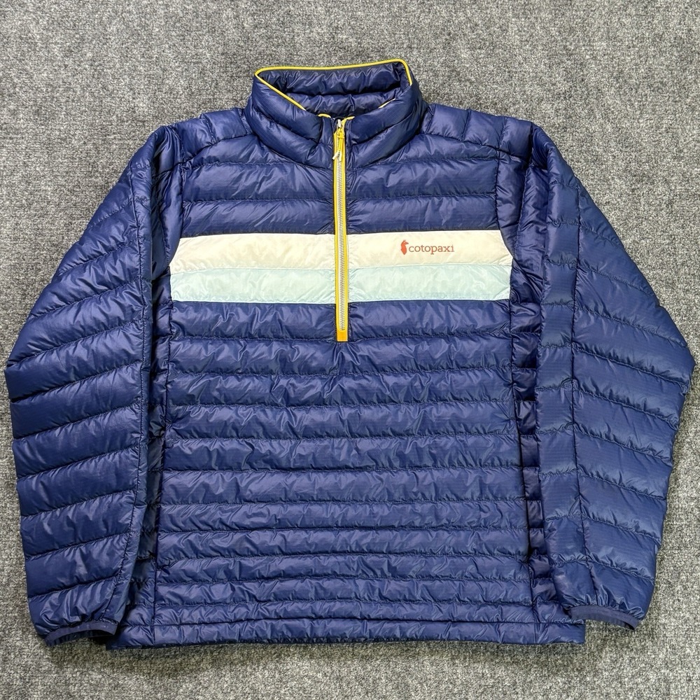 Cotopaxi Fuego Down Jacket Mens Large 800 Fill Puffer Blue Striped Full Zip MINT